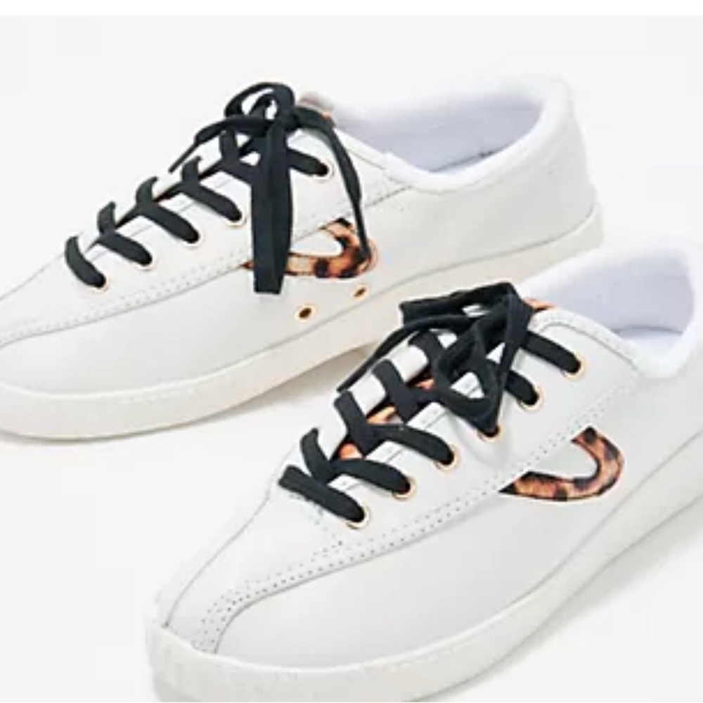 Tretorn White Leather Sneakers with Black and Brown animal print.